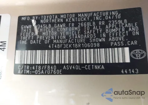 2011 Toyota Camry Le from USA, damaged, VIN 4T4BF3EK1BR106098